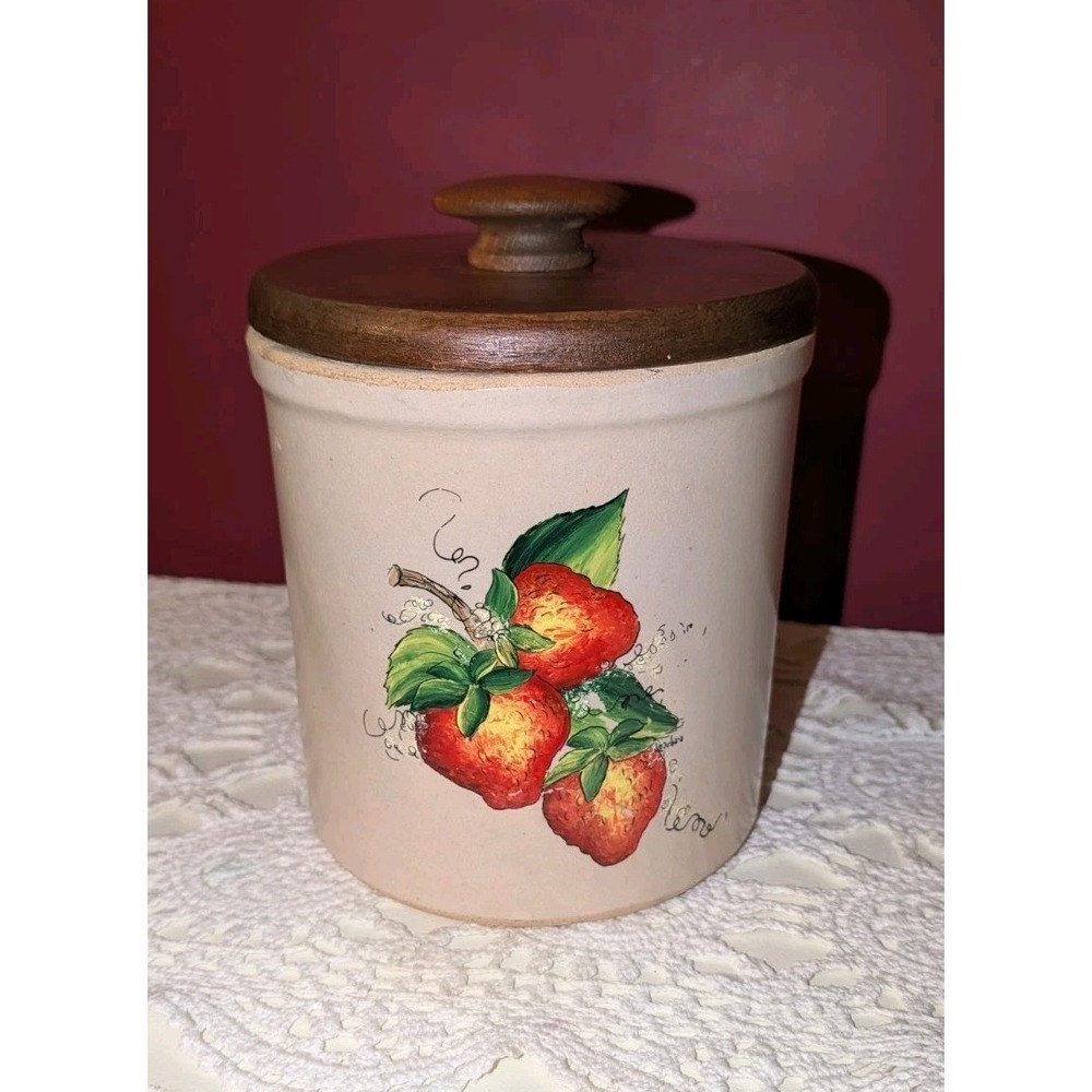 Vintage Strawberry Stoneware Canister Crock with Wooden Lid 6" Farmhouse Cottage